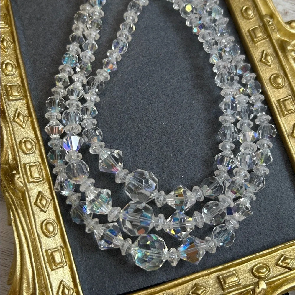 Vintage Triple Strand Crystal AB Necklace with Acrylic Spacer Beads
